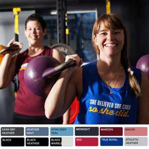 Our flowy muscle tank tops come in 12 colours, including dark grey heather, navy, deep teal, midnight blue, maroon, mauve, black, black heather, black marble, red, royal blue and athletic heather light grey.