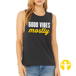 Grey muscle tank for women that says Good Vibes Mostly
