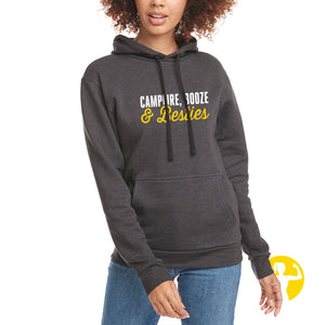 Campfire, Booze & Besties. Keep it cozy with this high quality pullover heathered fleece hoodie! The perfect choice for the laid back, casual look—it’s relaxed and easy fit means you’ll find yourself wearing it so often, you might as well take home two!