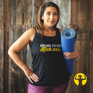 Word hard. Play hard. Kick ass. Black flowy racerback tank top with empowering sayings for women. Asskicker Activewear is a woman-owned, Canadian Brand.
