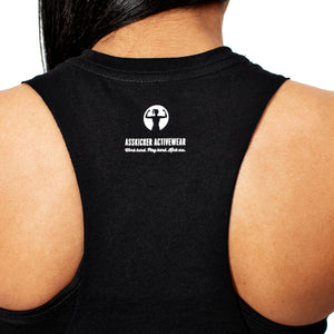 Back view of a black cropped racerback tank top, with the Asskicker Activewear logo on the nape.