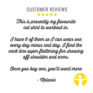 Five Star Customer Review for Asskicker ActivewearL This is presently my favourite cut shirt to work out in. I have six of them, so I can wear one every day minus rest day. I find the neck line super flattering for showing off shoulder and arms. Once you buy one, you'll want more! Positive reviews for Asskicker Activewear, a Canadian Apparel Brand.
