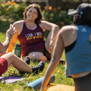 I Can. I Will. End of Story. Maroon Gym Tank. This is our most popular style because the fabric feels ultra soft and the draped silhouette is flattering on all body types. Perfect for the gym or casual wear, the light fabric dries quickly and the sheering on the back adds a nice feminine detail. Free shipping +$75 or pickup in Barrie, Ontario.