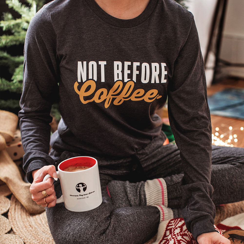 Not Before Coffee - grey heathered long sleeved t-shirt gift wrapped for a woman's christmas gift.