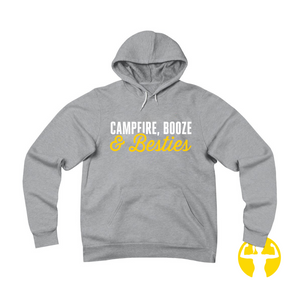 Campfire, Booze & Besties - premium soft, cozy hoodie. Shop for this and other graphic tees and tanks online from Asskicker Activewear in Barrie, Ontario Canada. Free shipping available in Canada and the United States.