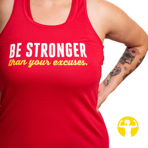 Be stronger than your excuses. Red ultra soft, flowy racerback tank top for women.