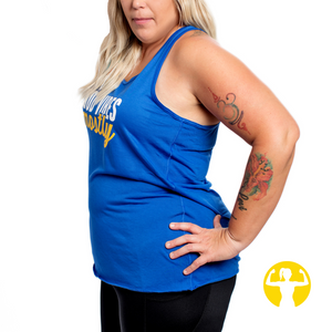 Side view of body positive royal blue flowy racerback tank top, designed to flatter all body types.