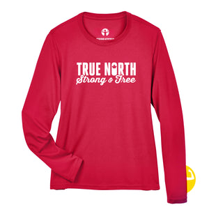 Red UV Performance Long-Sleeved shirt for woman with a saying that reads True North Strong & Free. We're a woman owned Canadian Brand. 