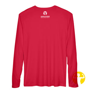Back view of a UV Performance Long-Sleeved shirt for woman with the Asskicker Activewear logo and a strong woman symbol.