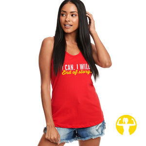I can. I will. End of story. Red form fitting gym tanks for women.