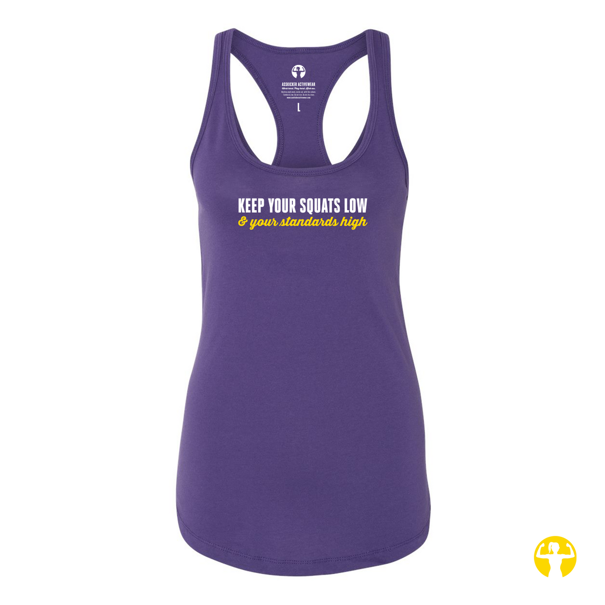 A purple racerback tank top with the text 'KEEP YOUR SQUATS LOW & your standards high' printed on the front in white and yellow, displayed on a clean white background.