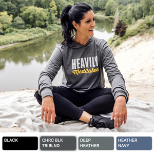 Heavily Meditated Hoodie for Women in Deep Heather Grey Colour. This pullover jersey hoodie is great for year-round layering and features a retail fit, crossover V at neckline, hood, and cuffs. Available in black, grey or navy blue.