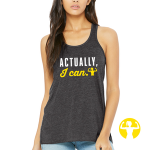 Actually, I can. Grey flowy racerback tank top for women. Graphic tees and gym tanks from Asskicker in Canada.