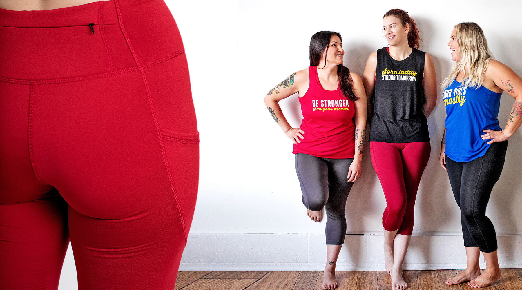 Yoga pants or pocket leggings made in Canada, available in plus sizes. High waistbands, side pockets, made of recycled fabric in Toronto Ontario. Available in Black, Grey or Red.