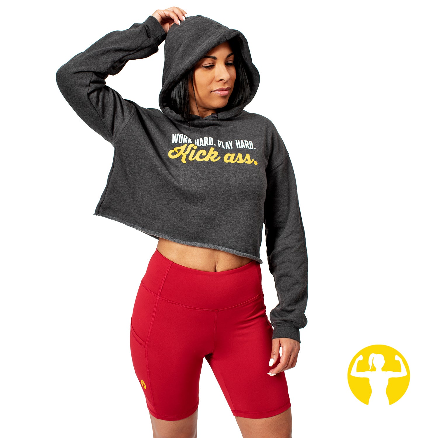 Work hard. Play hard. Kick ass. Cropped fleece hoodie available in grey, green or mauve.