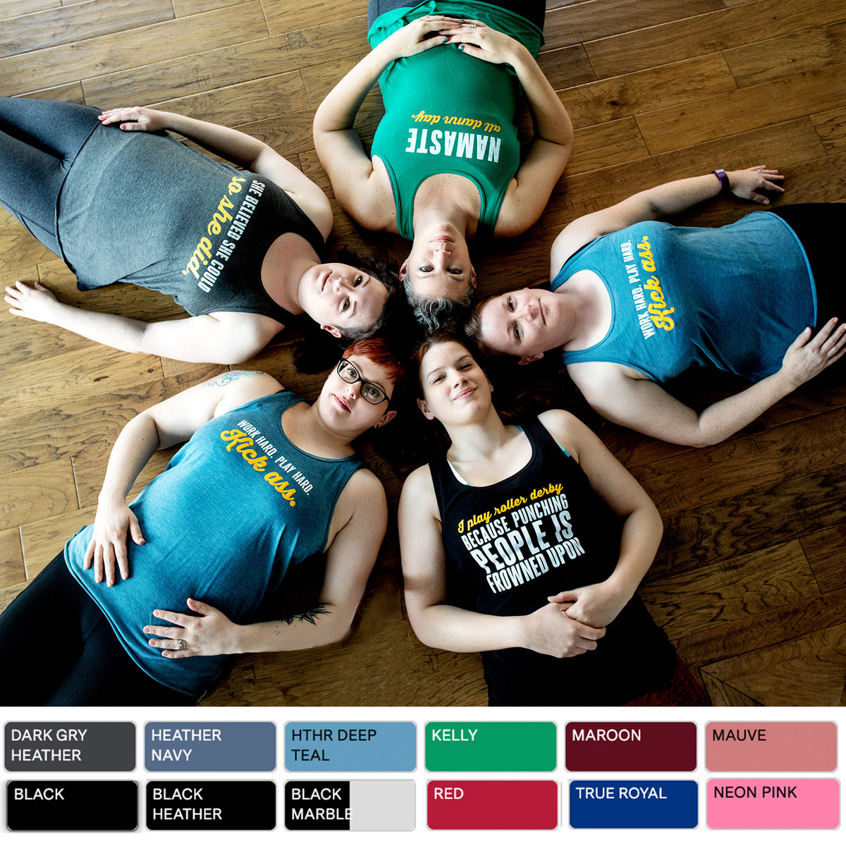 Tank top colour options include dark grey heather, heather navy blue, heather deep teal, kelly green, maroon, mauve, black, black heather, black marble, red, true royal blue, neon pink