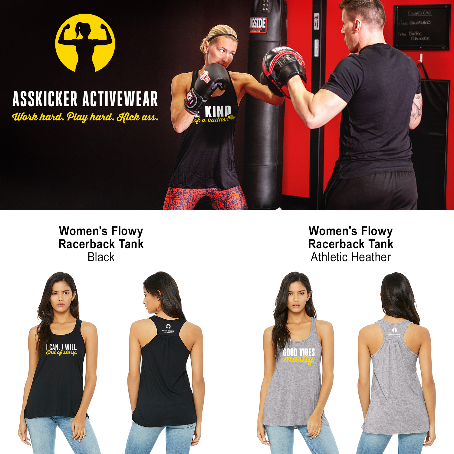 We're a growing Canadian apparel brand that specializes in ultra soft gym tanks, graphic tees and casual wear for women with empowering messages—designed to fit all body types. Free curb-side pickups are available in Barrie, Ontario.

The flowy racerback is our most popular style because the fabric feels ultra soft and the draped silhouette is flattering on all body types. Perfect for the gym or casual wear, the light fabric dries quickly and the sheering on the back adds a nice feminine detail.