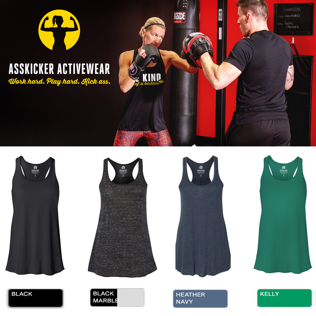Asskicker Activewear advertisement with two people in workout gear and a display of tank tops in various colors, including black, black marble, heather navy blue and kelly green.