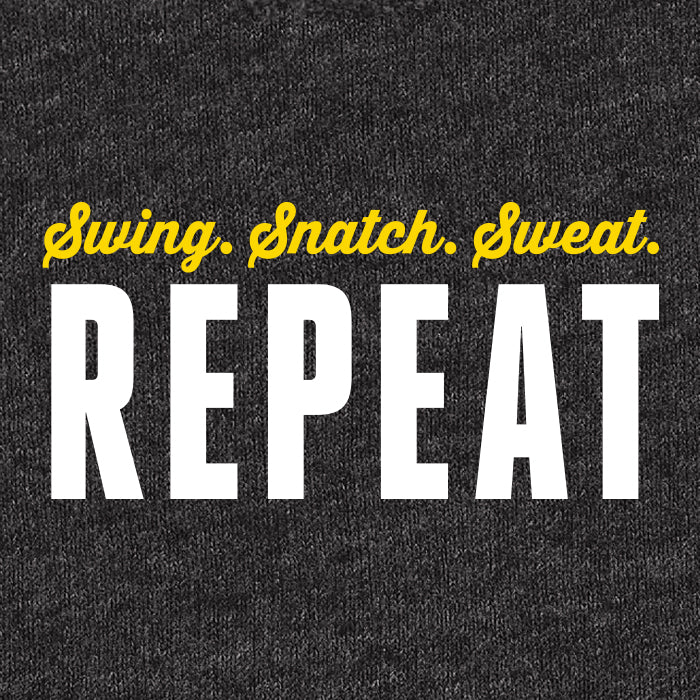 Gym tank saying that reads Swing. Snatch. Sweat. Repeat.