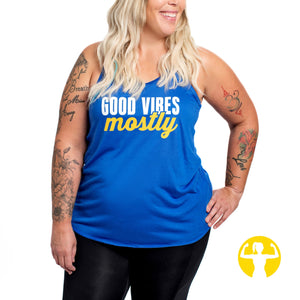 Good Vibes, Mostly. Ultra soft royal blue flowy racerback tank top for women.