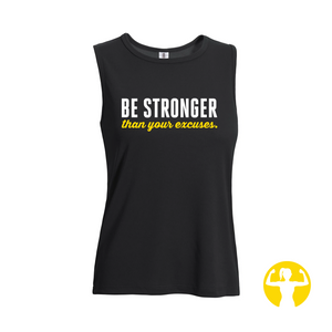 Black Performance Muscle Tank for women with saying that reads Be Stronger Than Your Excuses - Choose from +30 Sayings - Asskicker Activewear is a small woman-owned business in Barrie, Ontario Canada that specializes in graphic tees funny tank tops or gym tanks with empowering words