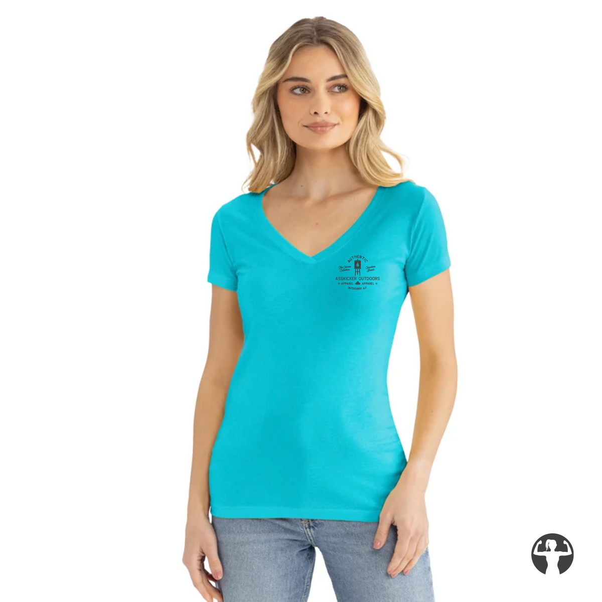 A woman modeling a bright turquoise V-neck t-shirt with a small black graphic on the left chest, paired with light-wash blue jeans against a solid white background.