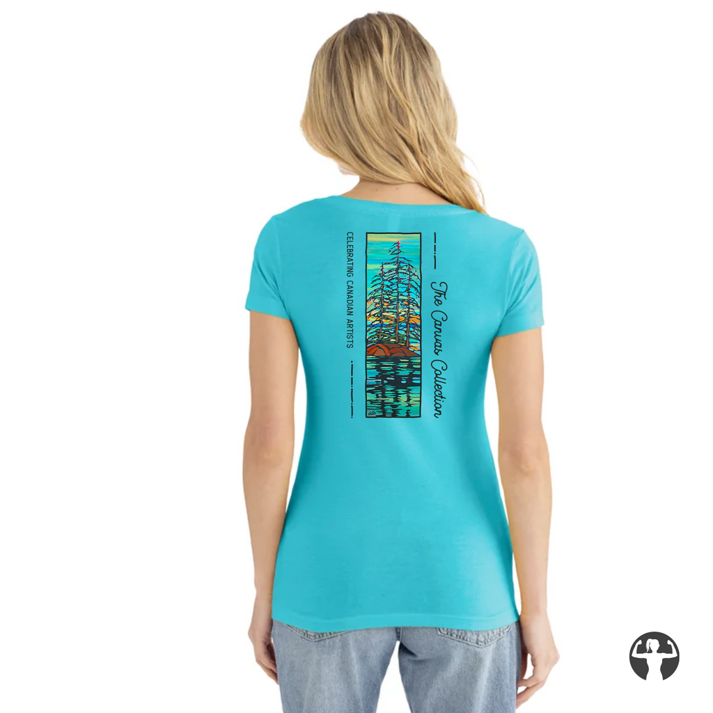 A woman models a slim-fit V-neck tee featuring a landscape painting by Denice Bustraen against a neutral background.
