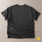 A dark charcoal gray short-sleeve t-shirt shown from the back, laid flat on a solid beige background.