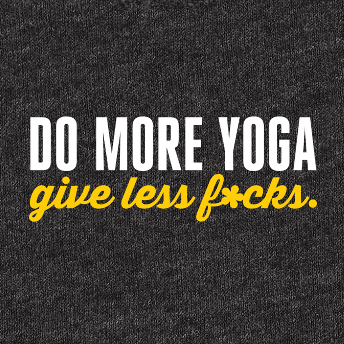 Macro close-up view of dark heather gray fabric texture showcasing a high-definition screen print of the Asskicker Activewear logo, featuring a minimalist black silhouette of an empowered woman flexing muscles against a circular yellow background.