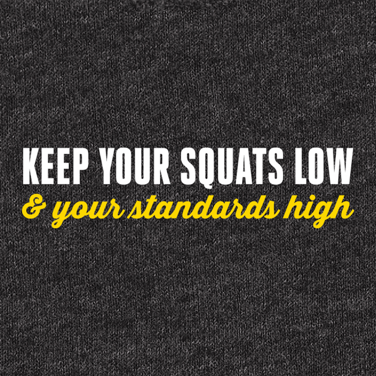 A close-up of a dark heather gray fabric with printed text reading 'KEEP YOUR SQUATS LOW & your standards high' in white and yellow lettering.