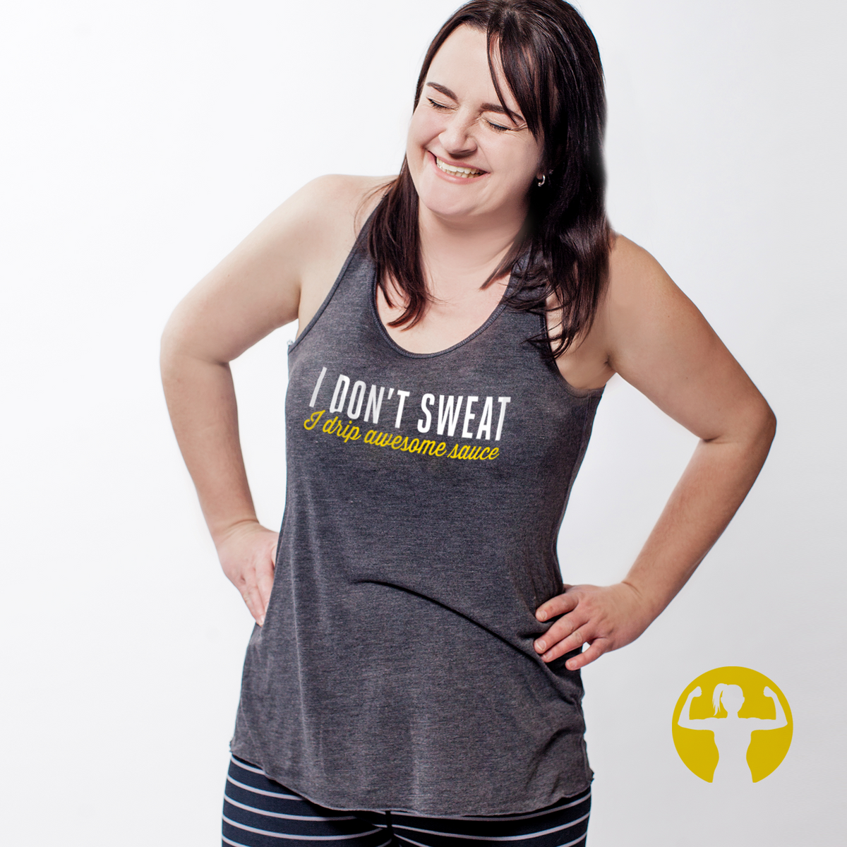 I don't sweat I drop awesome sauce. The flowy racerback is our most popular style because the fabric feels ultra soft and the draped silhouette is flattering on all body types. Perfect for the gym or casual wear, the light fabric dries quickly and the sheering on the back adds a nice feminine detail.