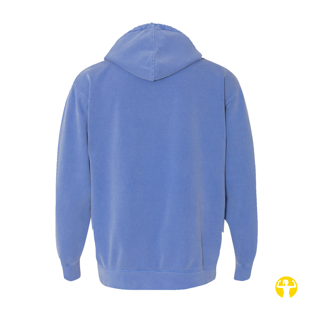 A light blue hooded sweatshirt shown from the back, displayed on a clean white background with a small yellow circular logo in the bottom right corner.