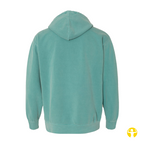 A mint green hooded sweatshirt shown from the back, featuring a plain back design and ribbed cuffs and hem, set against a solid white background.
