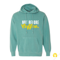A mint green pullover hoodie with a front kangaroo pocket and drawstrings, featuring the text 'NOT BEFORE Coffee.' printed on the chest in white and yellow.