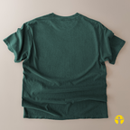 A dark green short-sleeve t-shirt shown from the back, laid flat on a light beige background.