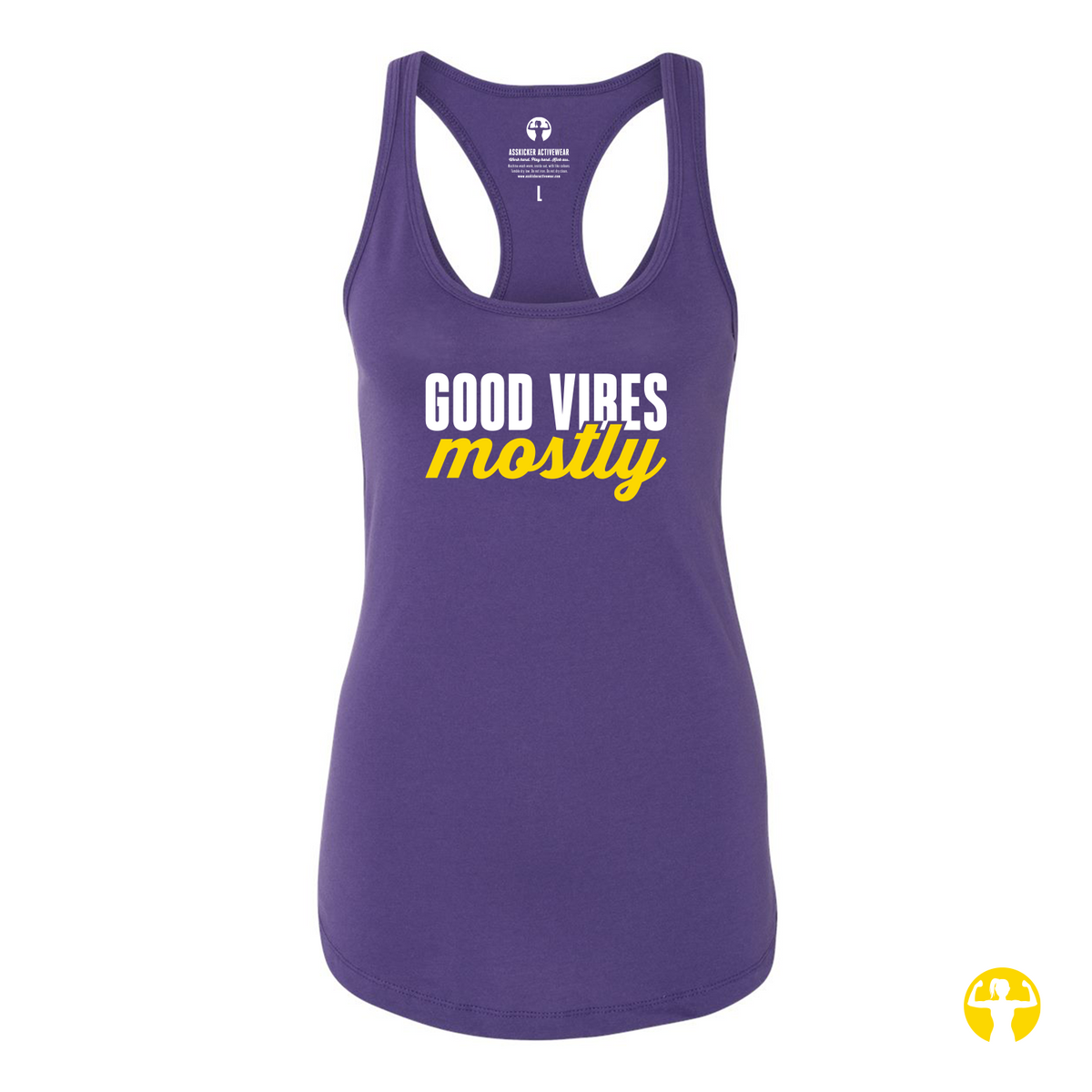 A purple racerback tank top with 'GOOD VIBES mostly' printed on the front, featuring white and yellow lettering, shown on a plain white background.