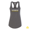 A dark gray racerback tank top with the text 'KEEP YOUR SQUATS LOW & your standards high' printed on the chest in white and yellow. The brand name 'Asskicker Activewear' is visible on the inner neck label.