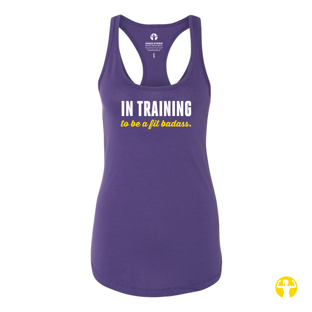 A purple racerback tank top with the text 'IN TRAINING to be a fit badass.' printed on the front, shown on a plain white background.
