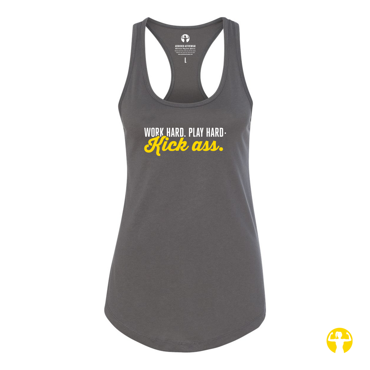 A dark gray racerback tank top with a graphic text print on the front reading 'WORK HARD. PLAY HARD.