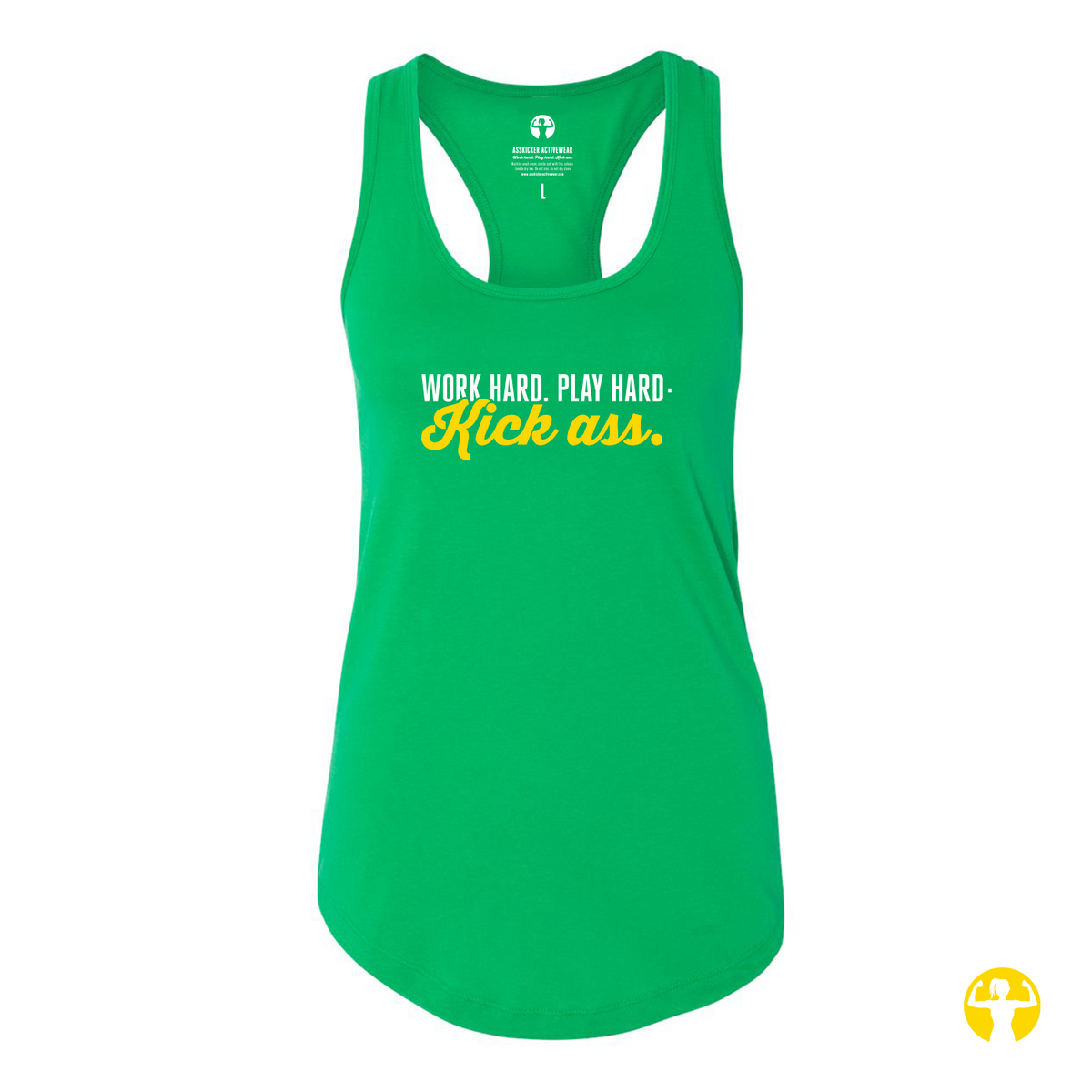 A bright green racerback tank top with a curved hem, featuring the text 'WORK HARD. PLAY HARD.