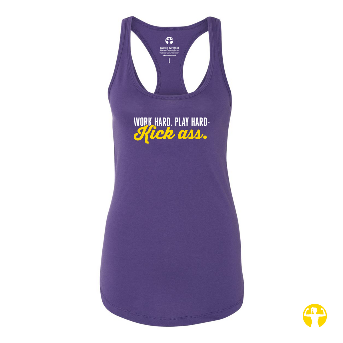 A purple racerback tank top with the text 'WORK HARD. PLAY HARD.