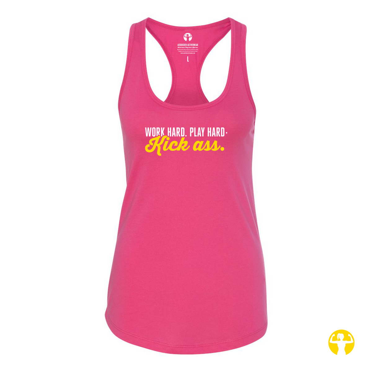 A bright pink racerback tank top with the text 'WORK HARD. PLAY HARD.