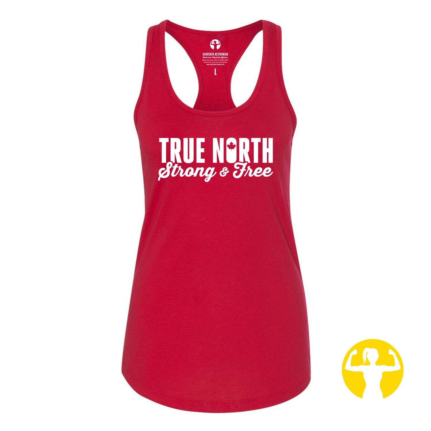 Red tank top for women - front view. With the stylized True North Strong &  Free graphic on the front, and the maple leaf on the back, this lightweight tank top is perfect for Canada Day! You'll love the feel and performance of the combed ring-spun and poly blend fabric.