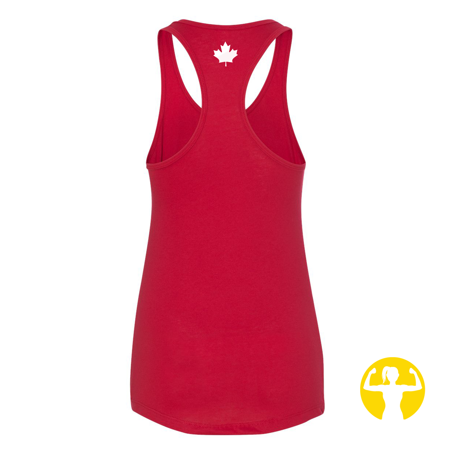 Red tank top with a white maple leaf design on the back, on a white background.