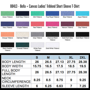 Color swatches and size chart for Bella + Canvas Ladies' Triblend Short-Sleeve T-Shirt