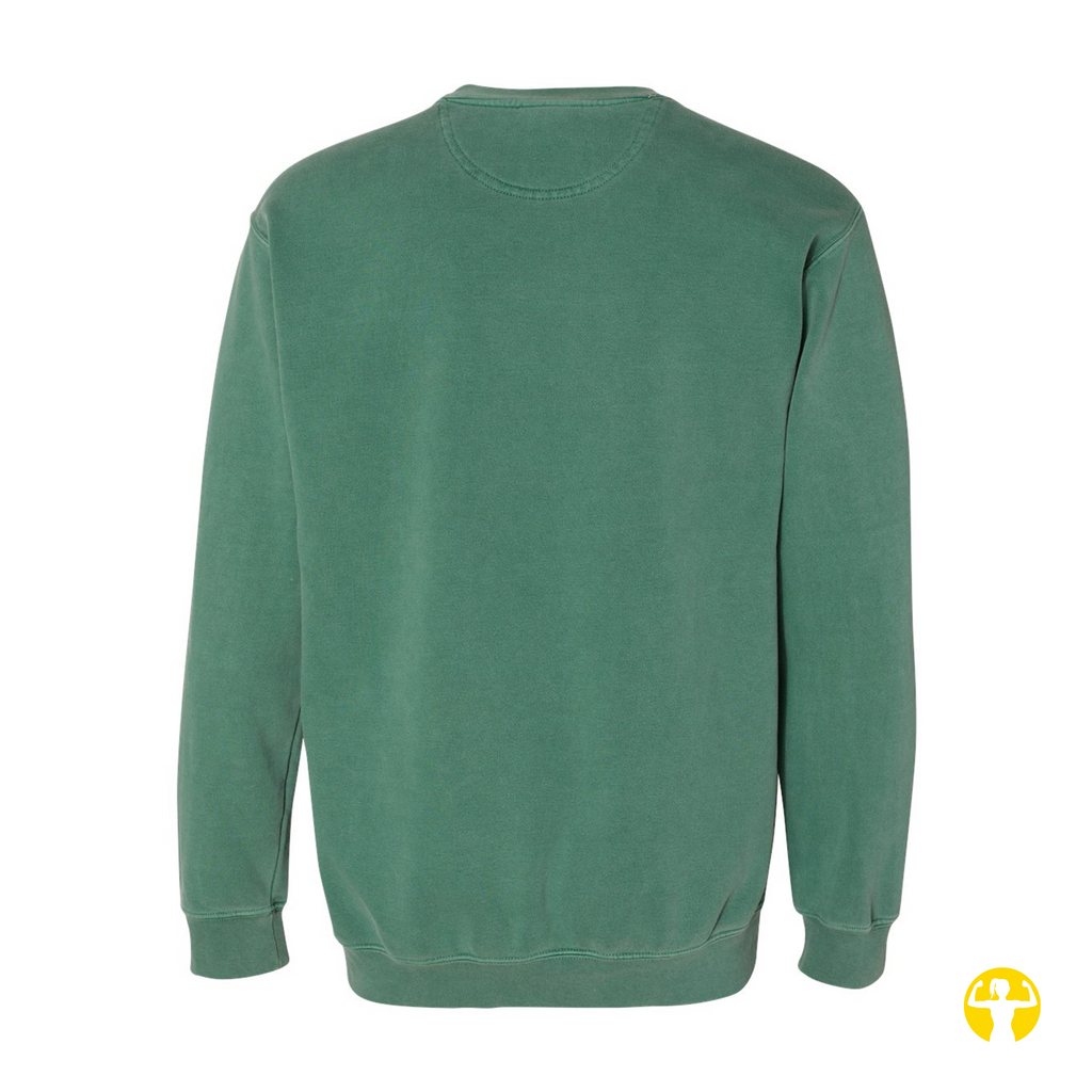 A green crewneck sweatshirt shown from the back, photographed flat against a solid white background.