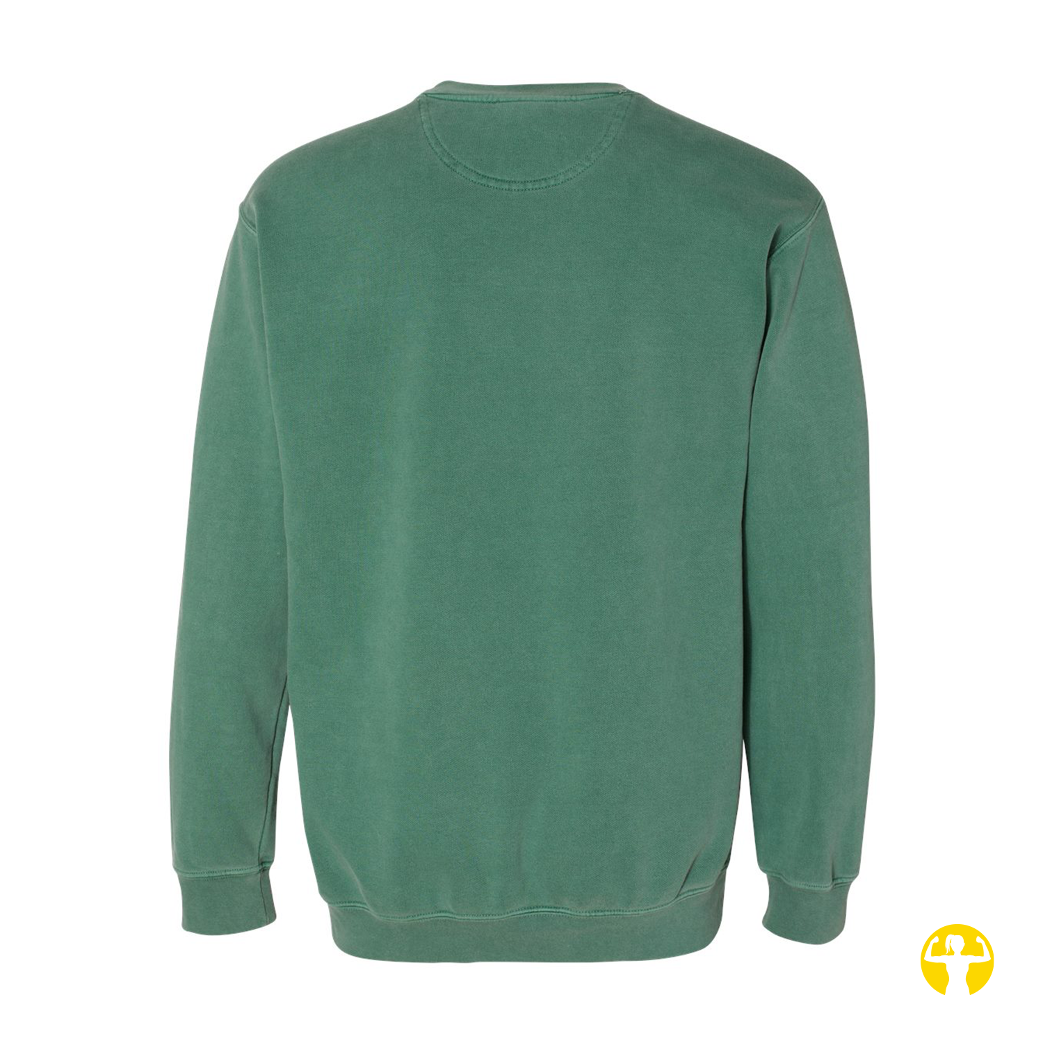 A green crewneck sweatshirt shown from the back, photographed flat against a solid white background.