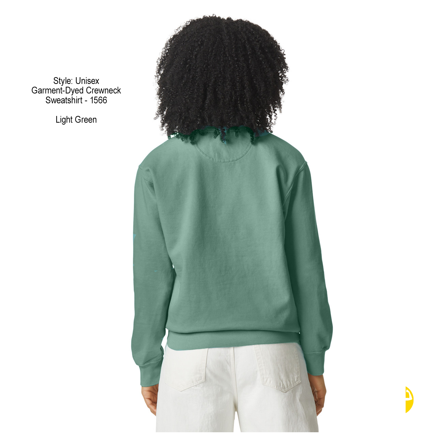 Back view of a person wearing a light green crewneck sweatshirt and white pants against a white background, with text in the upper left describing the style and color.