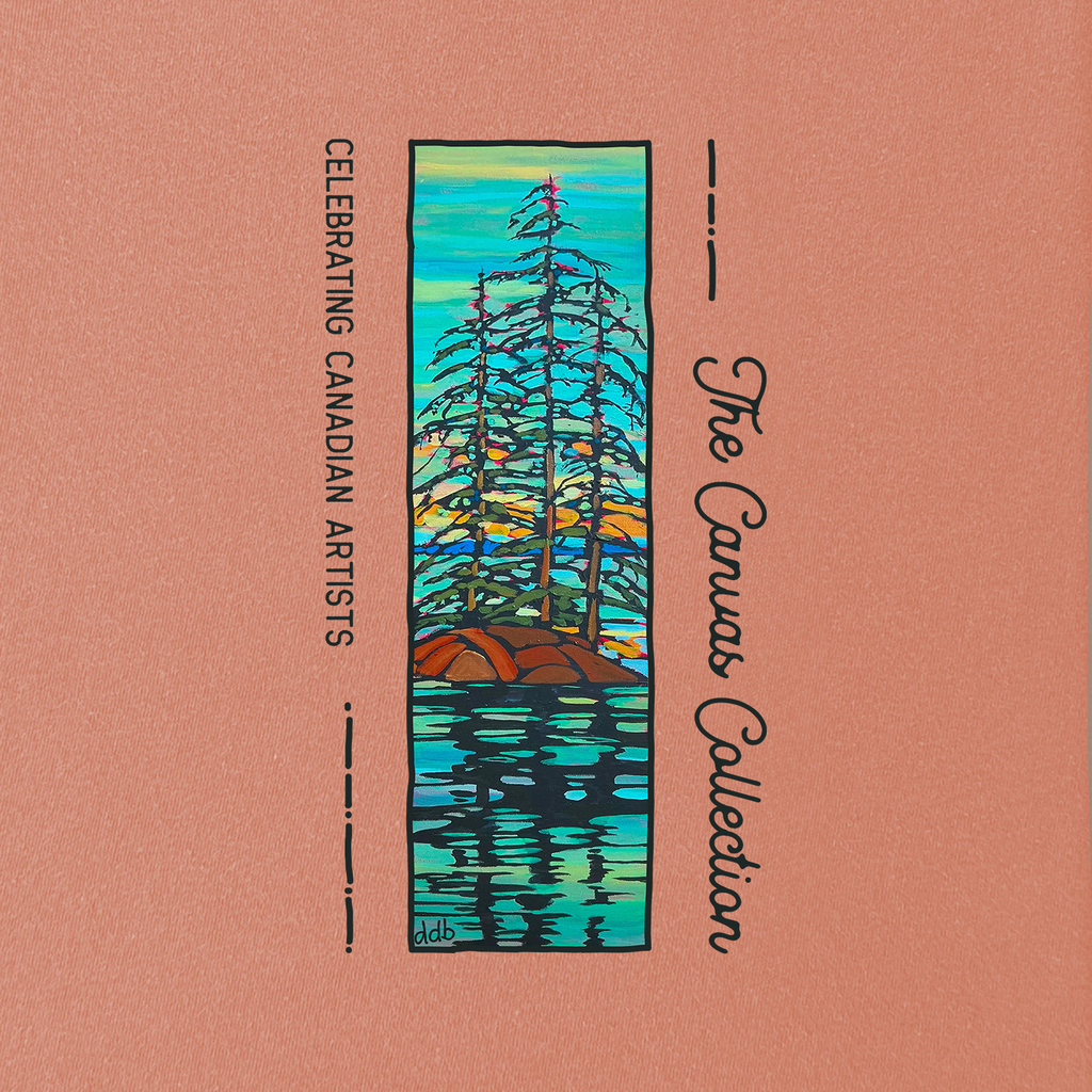 A square art print featuring a stylized illustrated scene of tall evergreen trees on an island with turquoise water, set on a warm peach background with the text 'The Canvas Collection' and 'Celebrating Canadian Artists'.