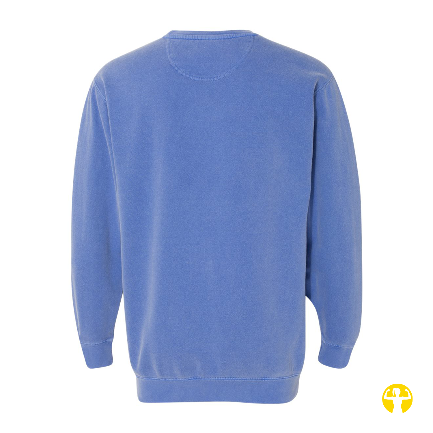 A blue long-sleeve crewneck sweatshirt shown from the back, photographed flat against a solid white background.